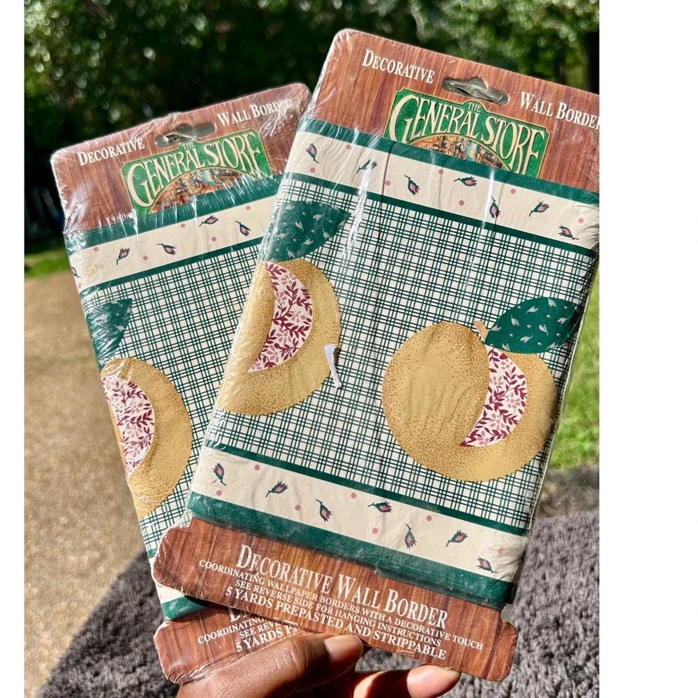 The General Store Wall Border 5 Yds Green‎ Peach Fruit Plaid Vintage New 2pk